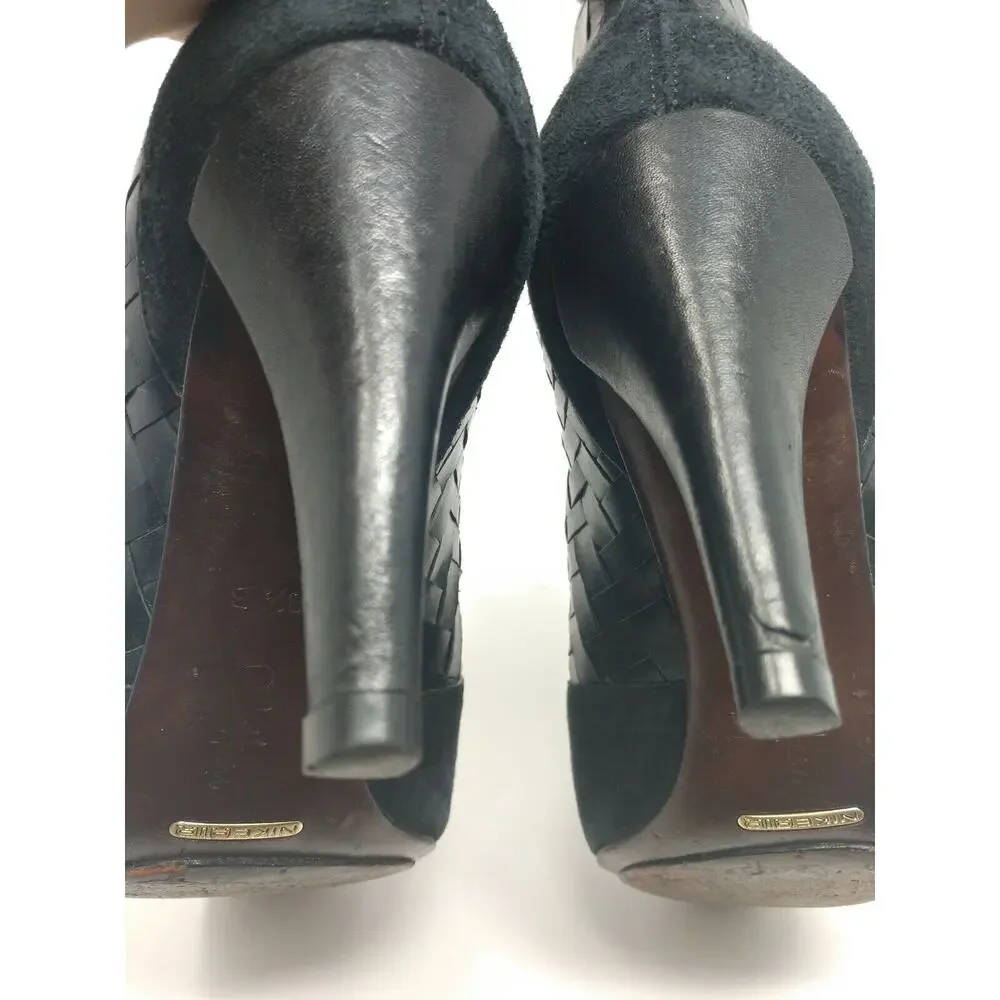 Cole Haan Women's Black Leather Suede Woven Ane Boots Booties Basket Weave 8.5 M